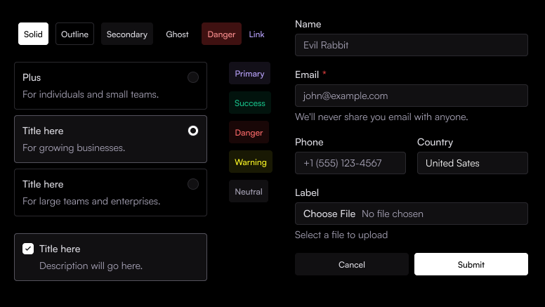 Primitives: button variants, status badges, radio cards, a checkbox card and a form with text, phone, country and file inputs