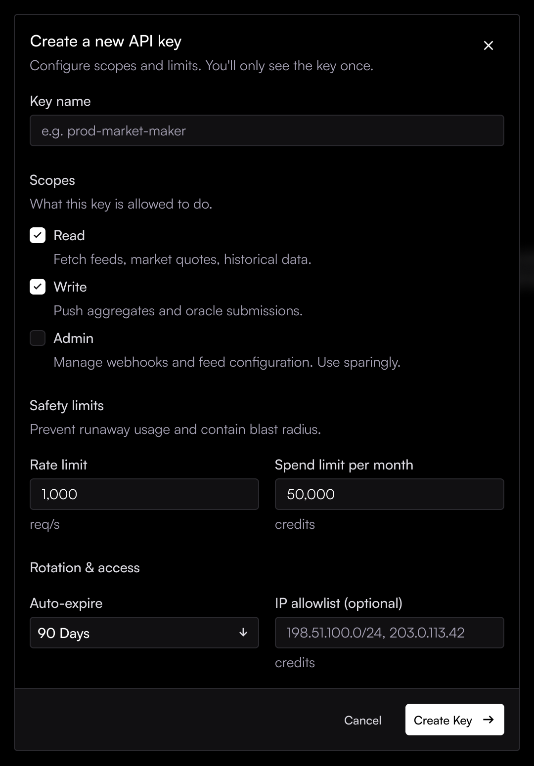 Create a new API key dialog with name, scopes, rate and spend limits, auto-expire and IP allowlist