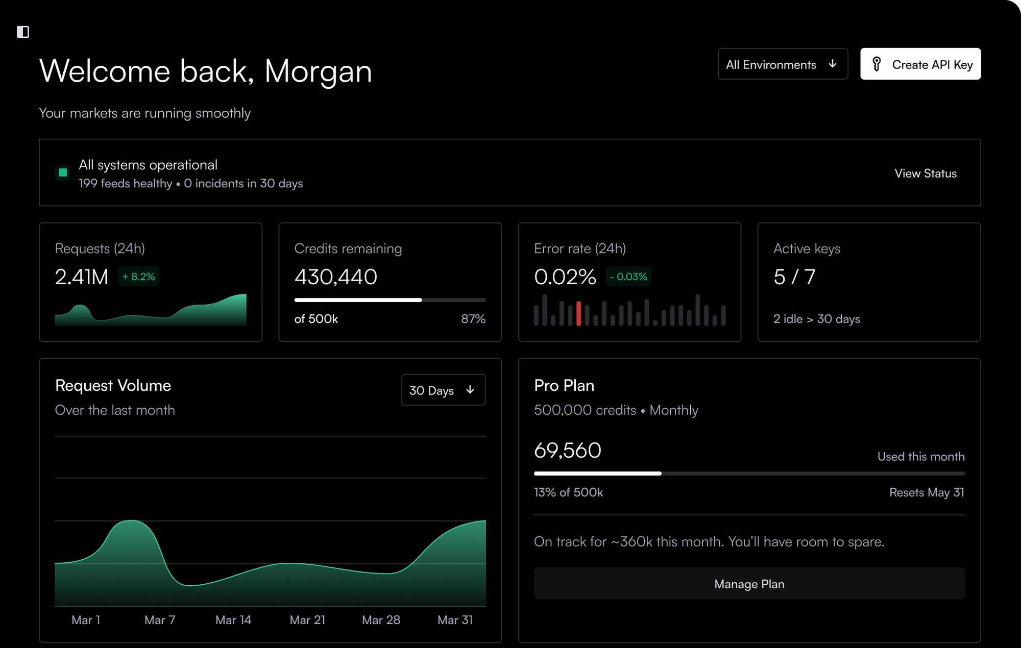 Dashboard home concept: system status, requests, credits remaining, error rate, active keys, request volume and plan usage