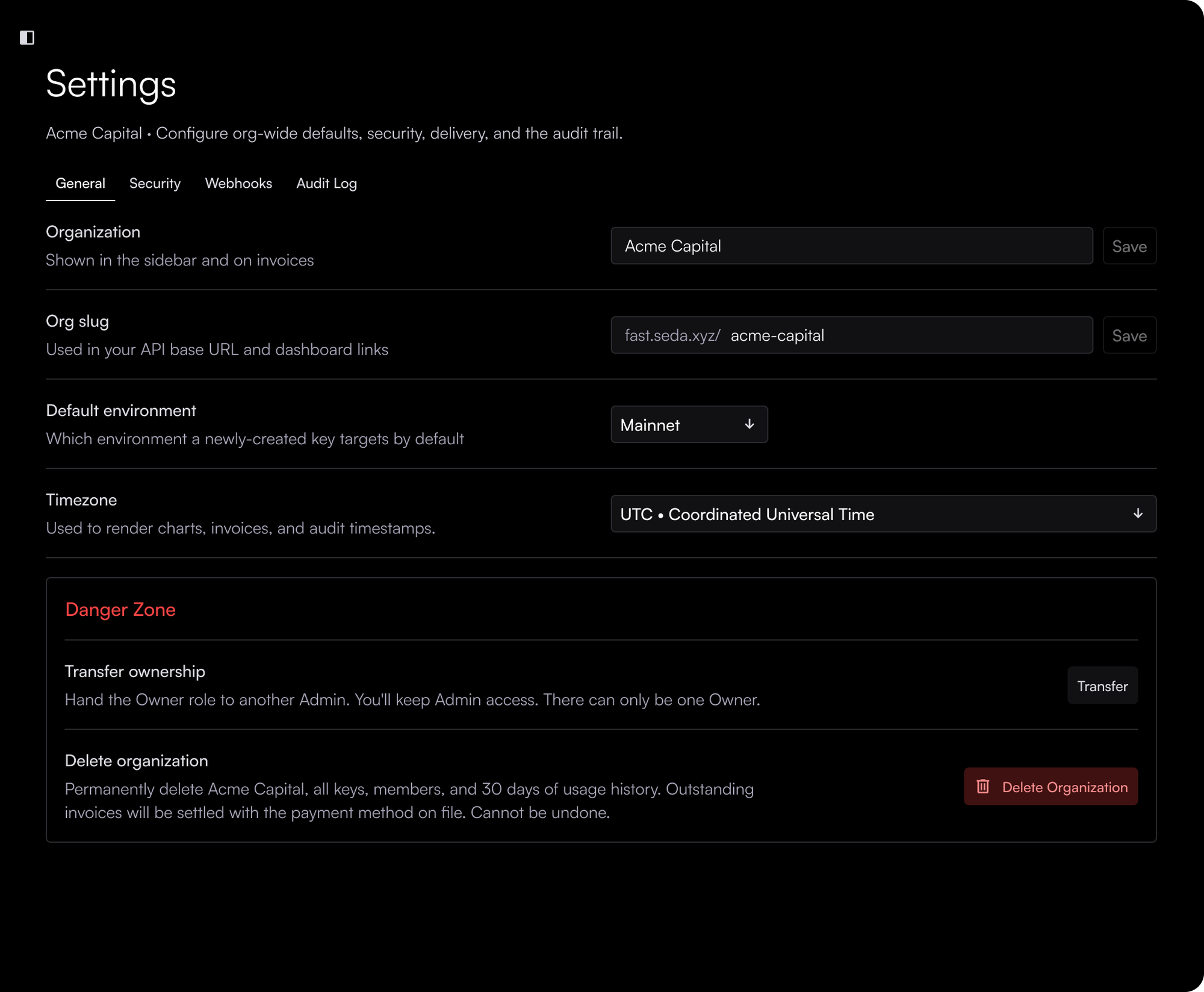 Settings page concept: organization, slug, default environment, timezone and a danger zone